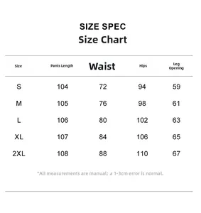 Guide des tailles détaillé pour jeans évasés avec longueur taille hanches et ourlet
