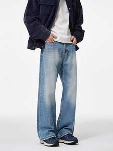 Men's loose straight-leg denim jeans in light blue washed finish with a relaxed fit