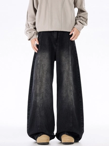 Men vintage wash black wide leg jeans with vertical stitching and baggy streetwear fit