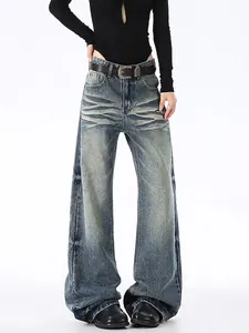 Jeans a Zampa Uomo Blu Retro Distressed Effetto Baffo Gamba Larga Pantaloni in Denim Streetwear Vintage Slim Fit Jeans