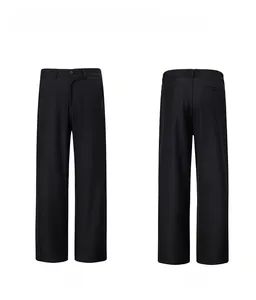 Front and back view of black textured straight-leg casual trousers with a minimalist design