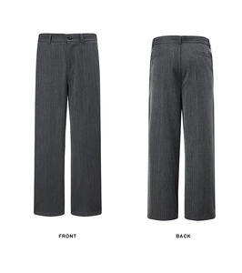Front and back views of dark grey striped straight-leg trousers with textured fabric