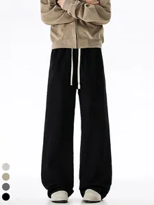 Men American Streetwear Retro Oversize 100% Cotton Wide Leg Casual Pants Loose Straight Trousers With Elastic Drawstring Waist