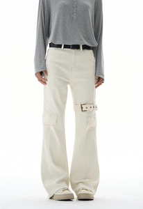 Detail of off-white cargo wide-leg pants featuring metal buckle strap and side pocket
