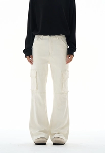 Detailed stitching and functional multi-pocket design on off-white tactical cargo pants