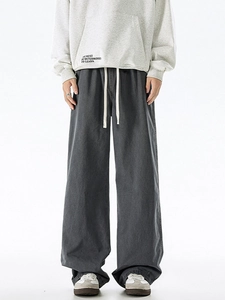 Men's dark grey oversize cotton straight-leg casual pants with drawstring waist