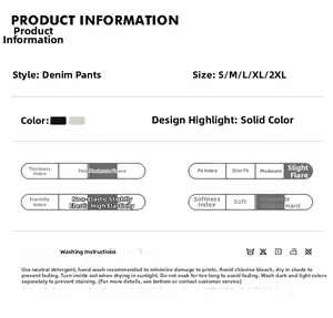 Size chart for stretch flare cargo pants showing dimensions, fabric soft and thickness