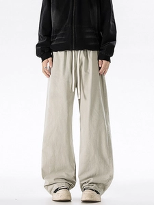 Oversized beige cotton straight-leg trousers with drawstring in American street style