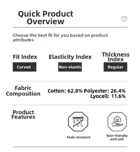 Detail chart of men's curved jeans showing fabric blend and fit specifications