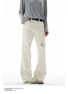Detail of off-white wide-leg cargo pants with metallic buckle strap and flap pockets
