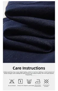 Close-up of deep blue denim fabric texture and professional care guide icons