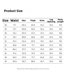 Detailed sizing chart for men's straight fit jeans with measurements from size 28 to 40