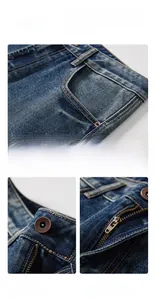 Dettaglio della cerniera YKK e del bottone vintage su questi jeans blu larghi