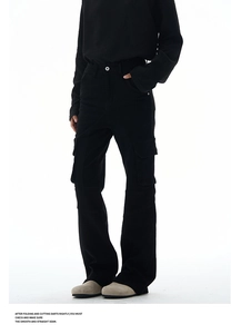 Detail shot of black multi-pocket cargo pants in a cleanfit stretch cotton twill