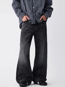 Jeans Homme American High Street Rétro Lavé Gris Noir Jambe Large Vintage Streetwear Pantalon en Denim Usé Ample
