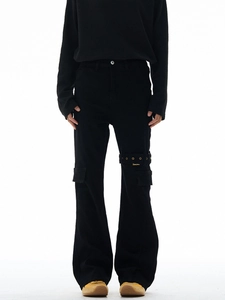 Men's black Vibe style flared cargo jeans with strap details and metal buckles