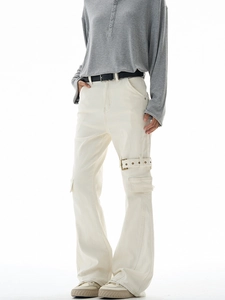 Men's cream wide-leg cargo pants with multi-pockets and metal buckle strap detail