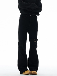 Men's black Vibe style flare cargo jeans with metal eyelet strap and utility pockets