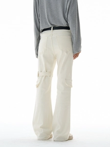 Men's cream white utility cargo flare jeans featuring adjustable straps and pockets