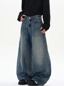 Jeans Homme American High Street Bleu Rétro Usé Patchwork Coupe Large Oversized Jambe Incurvée Pantalon Denim Cargo