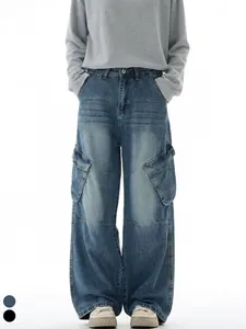 Ανδρικά Αμερικανικά High Street Cargo Denim Τζιν Distressed Πολλαπλές Τσέπες Ίσια Φαρδιά Μπατζάκια Χιπ Χοπ Streetwear Καθημερινό Βαμβακερό Παντελόνι