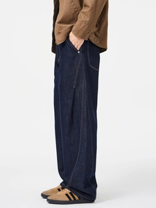 Men's retro loose straight dark blue jeans with curved side stitching and wide-leg fit