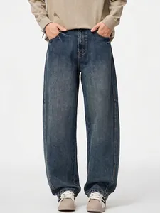 Jeans da Uomo Vintage Lavato a Gamba Larga Taglio Dritto in Denim di Cotone Stile Americano Pantaloni Casual Ampi per Uomo