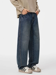 Jeans larghi da uomo taglio dritto stile vintage con lavaggio blu scuro retrò vibe