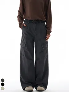 Men's Vintage Washed Multi-Pocket Cargo Pants Wide Leg Casual Straight High Street Cotton Trousers With Belt Neutral Style