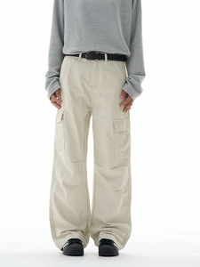 American retro baggy patchwork cargo pants in cream white with wide leg and loose fit