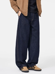 Men's relaxed fit dark blue denim jeans with vintage contrast stitching details