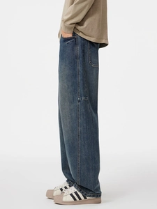 Pantaloni jeans uomo a gamba larga blu scuro effetto lavato vintage stile casual morbido