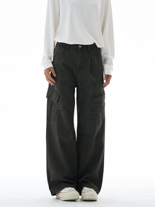 Dark grey high-waisted wide-leg cargo pants with large side pockets and vintage wash
