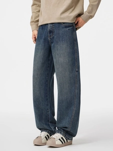 Jeans da uomo a gamba dritta, lavaggio blu scuro vintage e vestibilità ampia e comoda
