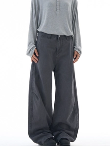 Retro kohlegraue weite Hose für Herren im lässigen Workwear-Stil mit geschwungenem Schnitt