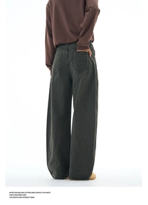 Rear view of dark grey wide-leg denim work pants with symmetrical back patch pockets