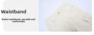 Detail of off-white cargo pants featuring button waistband and reinforced metal rivets