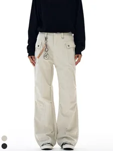 Pantaloni Cargo da Uomo Pieghettati Retro Americano Larghi High Street Vibe Gamba Dritta Casual Trousers Con Multitasche Cotone