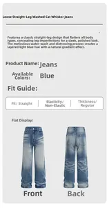 Detail showing loose straight fit denim jeans with cat-whisker wash in light blue