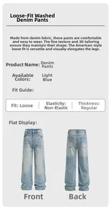 Detailed view of light blue washed denim fabric texture and loose straight leg design