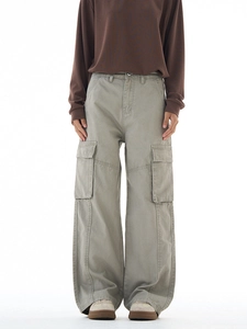 Men's olive cargo wide-leg pants in heavy cotton twill with utility side flap pockets