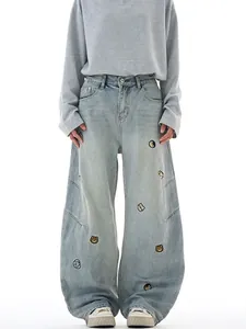 Herren Vintage Waschen Cartoon Bär Bestickt Gerade Jeans Lose Weites Bein Baumwolle Denim Hose Casual Streetwear Hose
