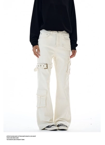 Detail of off-white cargo pants featuring metal buckle straps and 3D flap pockets