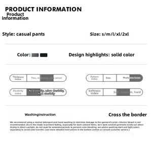 Detailed size chart and washing instructions for multi-pocket cleanfit cargo pants