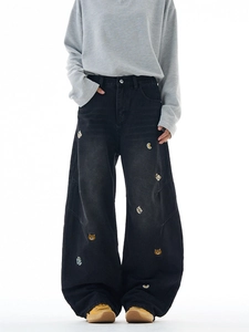 Dunkelgraue Jeans für Herren im Retro-Stil mit lockerer Passform und Bären-Stickerei