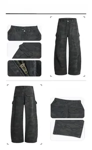 Detail of high-quality YKK zipper and stitching on camouflage cargo pants with curved fit