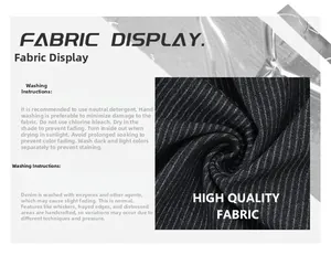 Detailed fabric display of striped denim pants with washing instructions and texture