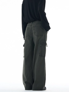 Men's loose fit dark olive cargo pants with large side pockets and straight leg cut