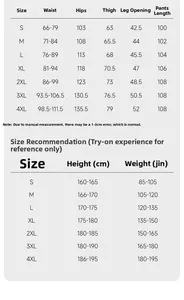 Detailed size chart for men's white straight jeans covering sizes S to 4XL with measurements