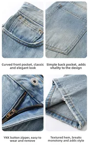 Detail shots of light blue jeans showing YKK zipper, front pocket, and frayed hems